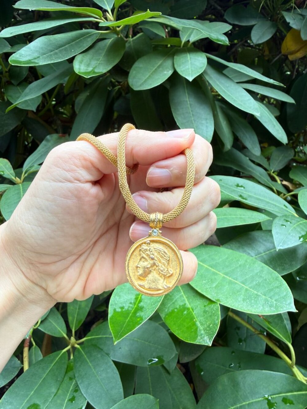 Vintage Ancient Coin Gold Tone Mesh Link Necklace
